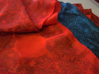 tropical blue and scarlet silk scarves